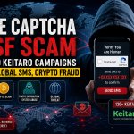 Fake CAPTCHA IRSF scam illustration showing global SMS fraud and Keitaro crypto scam campaigns