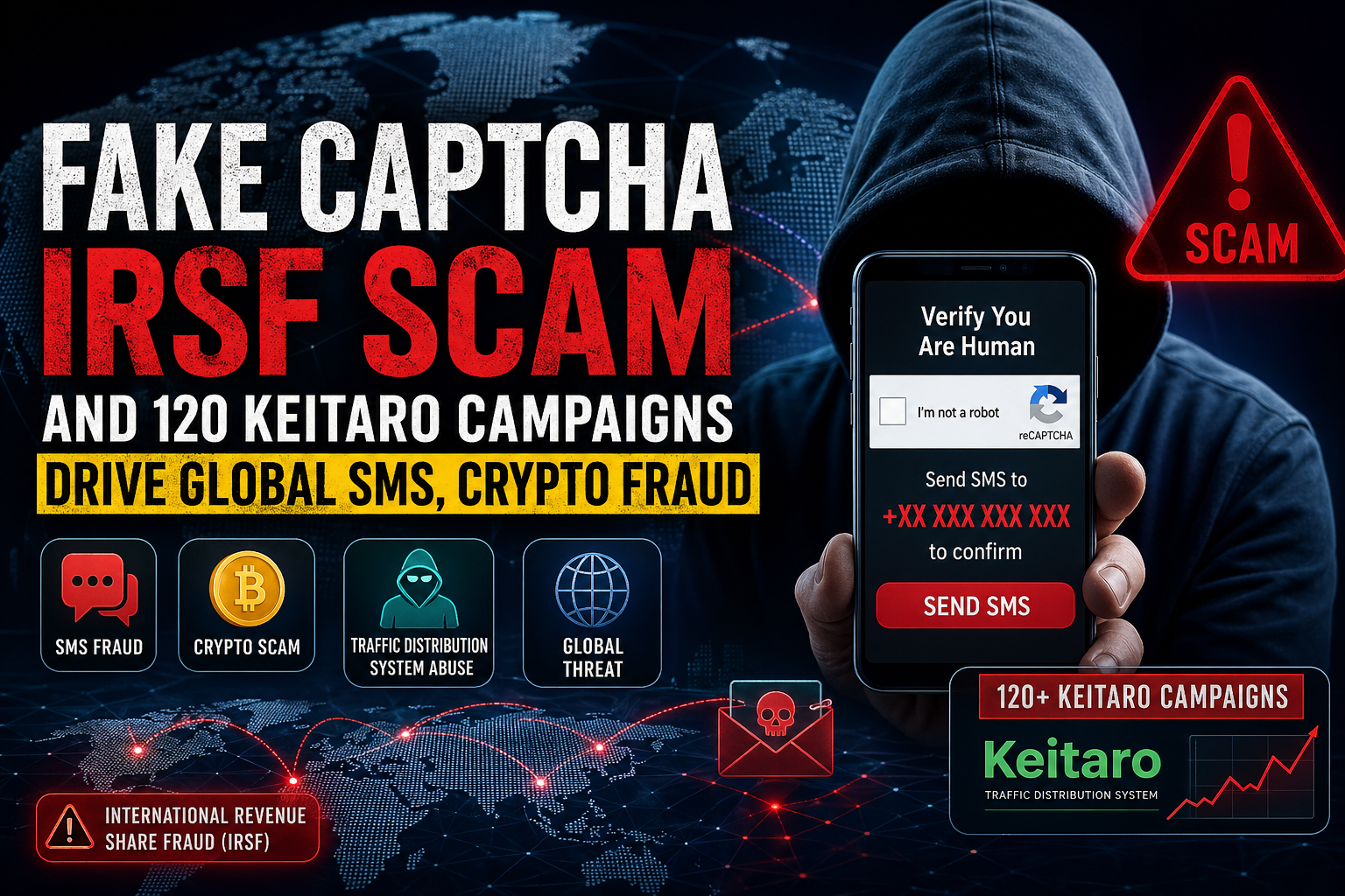 Fake CAPTCHA IRSF scam illustration showing global SMS fraud and Keitaro crypto scam campaigns