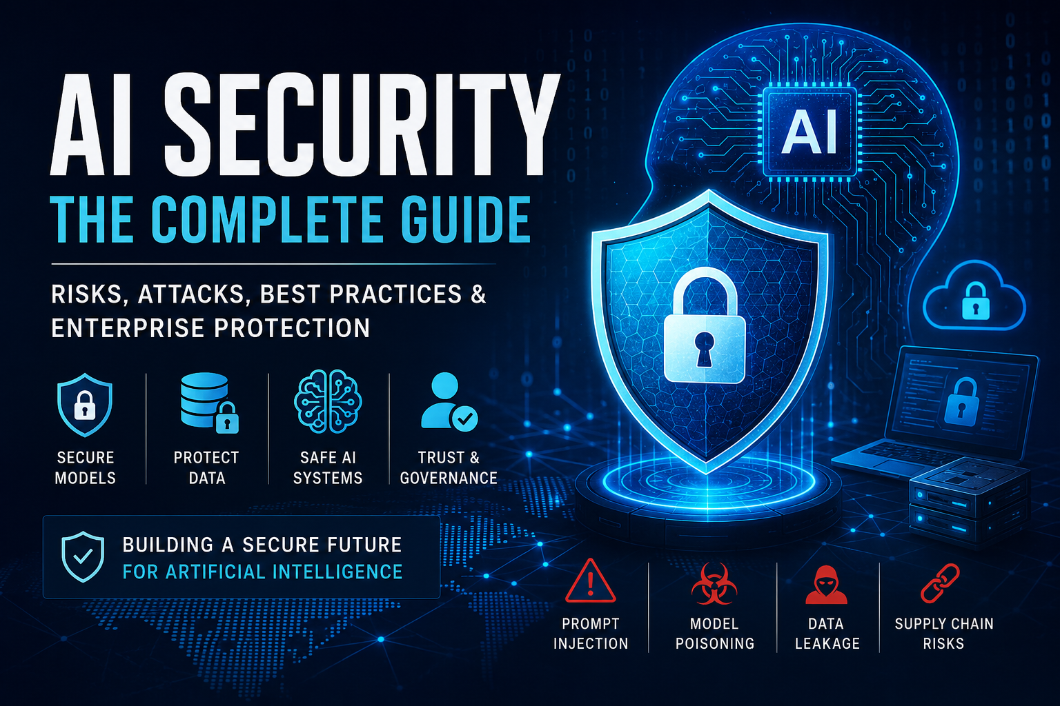Enterprise AI Security Architecture showing layered defense against prompt injection, model poisoning, data leakage, and AI supply chain attacks