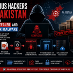 Illustration depicting the Confucius threat group targeting Pakistan with WooperStealer and Anondoor malware through spear-phishing and DLL side-loading attacks.