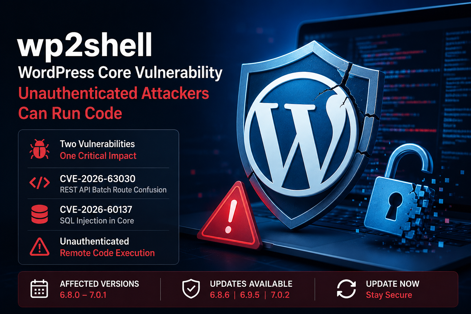 Feature image illustrating the wp2shell WordPress core vulnerability that enables unauthenticated remote code execution through CVE-2026-63030 and CVE-2026-60137.